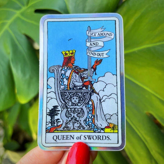 Queen of Swords Holographic Tarot Sticker - Spiral Circle