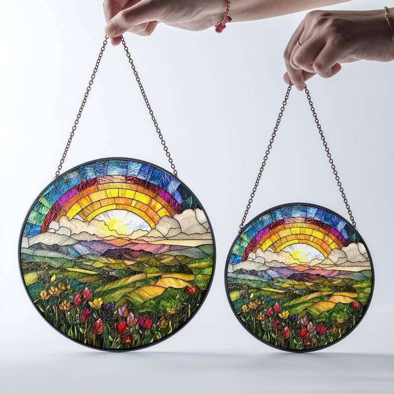 Rainbow Mountain Stained Glass Suncatcher, Nature Lover - Spiral Circle