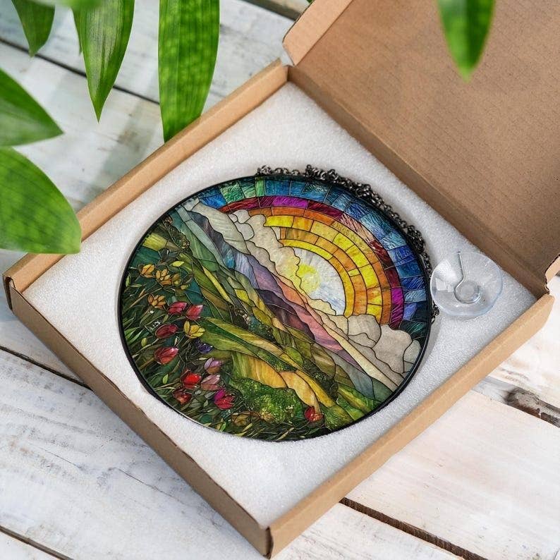 Rainbow Mountain Stained Glass Suncatcher, Nature Lover - Spiral Circle