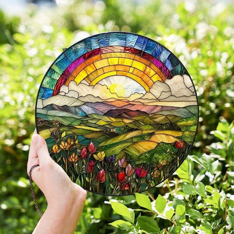 Rainbow Mountain Stained Glass Suncatcher, Nature Lover - Spiral Circle