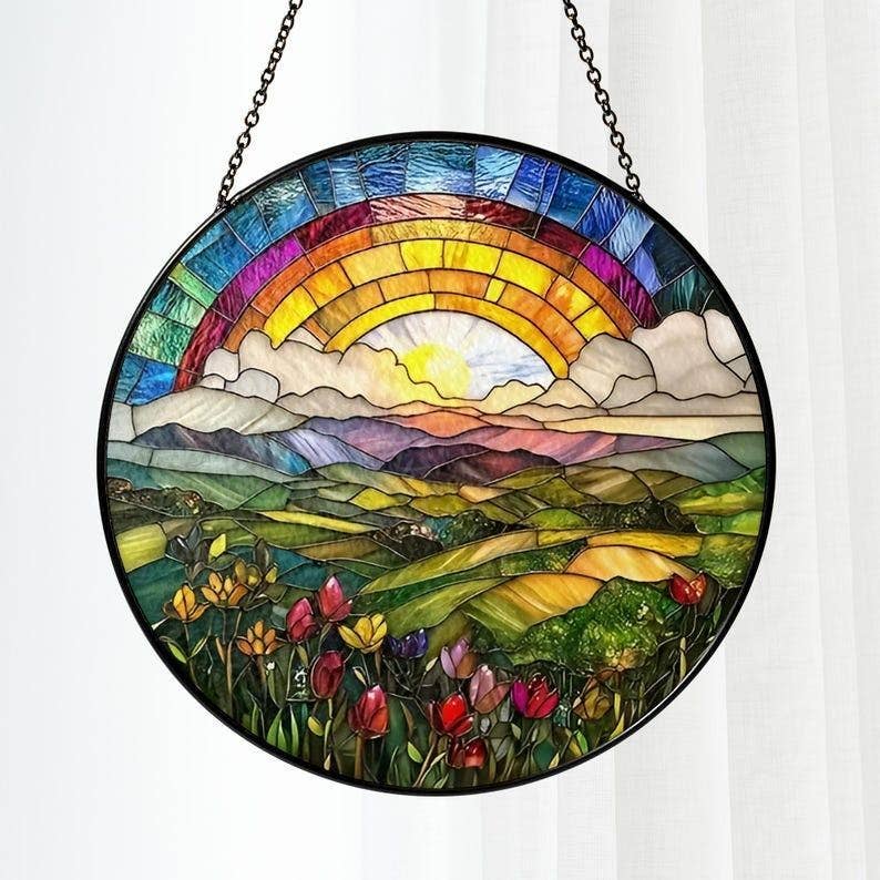 Rainbow Mountain Stained Glass Suncatcher, Nature Lover - Spiral Circle