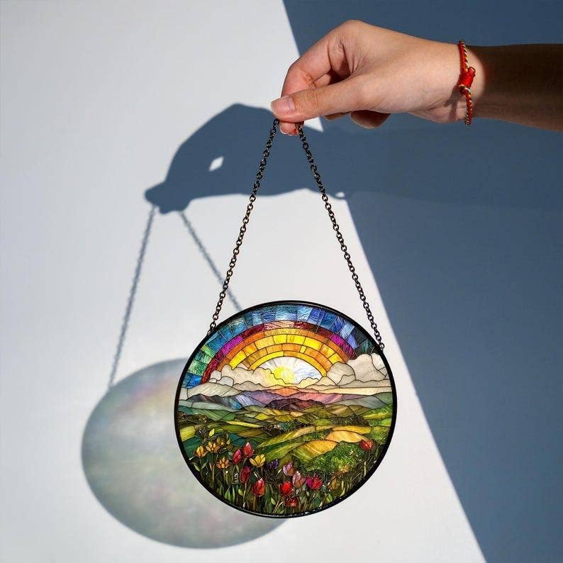 Rainbow Mountain Stained Glass Suncatcher, Nature Lover - Spiral Circle