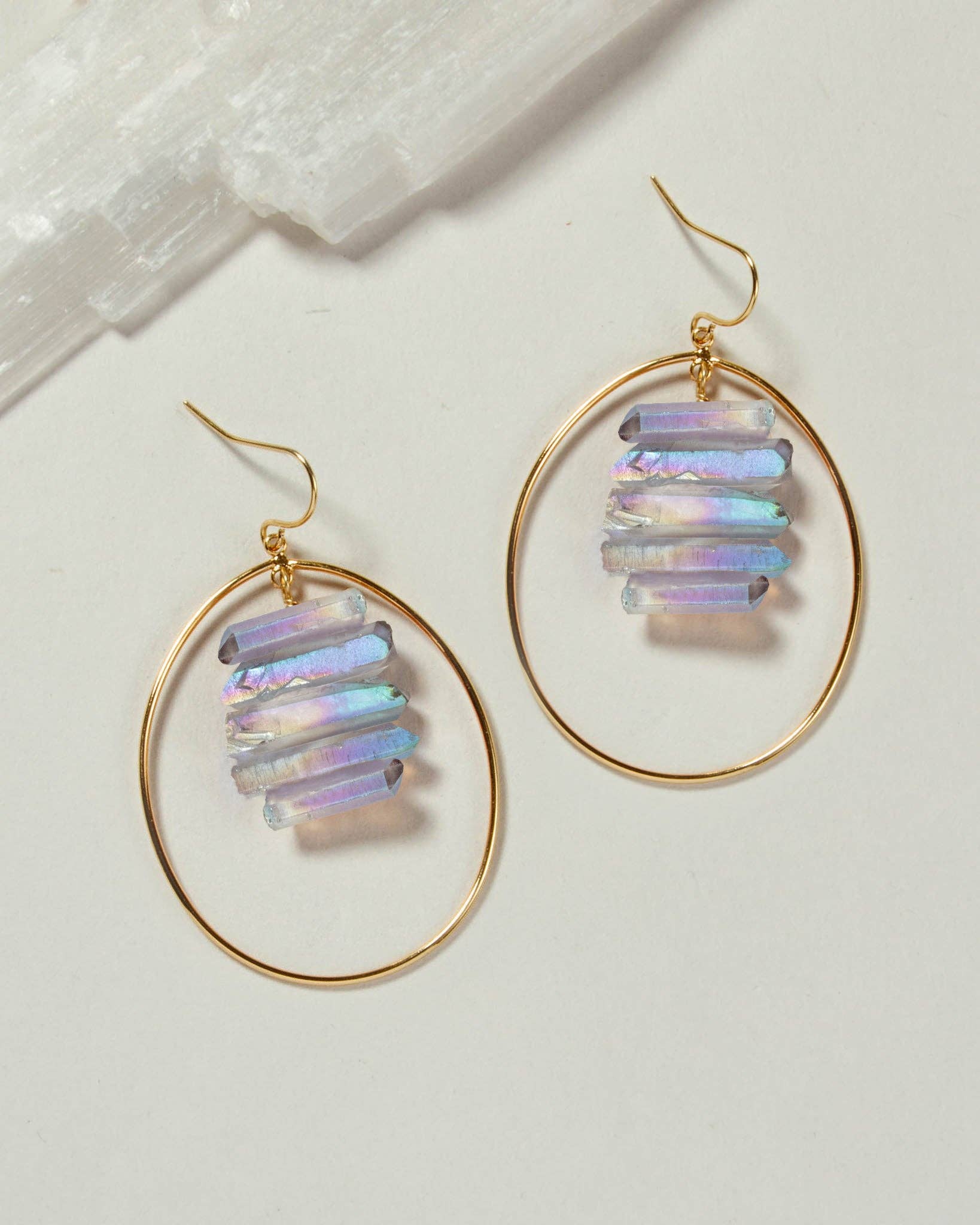 Rainbow Quartz Gold Hoop Earrings - Spiral Circle