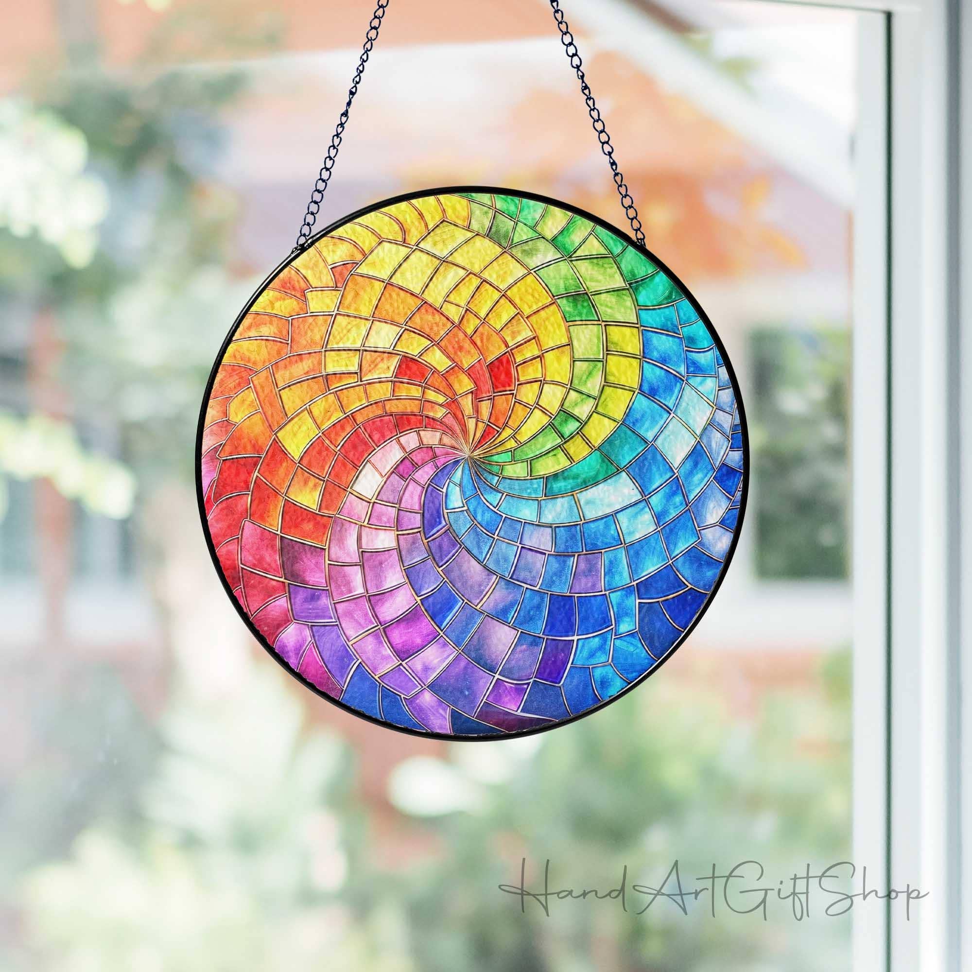 Rainbow Spiral Stained Glass Suncatcher, Spiral Window Decor - Spiral Circle