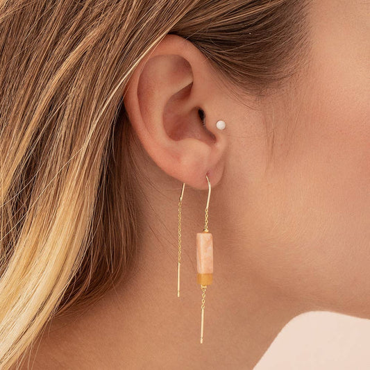 Rectangle Stone Earring - Rose Quartz/Amber/Gold - Spiral Circle