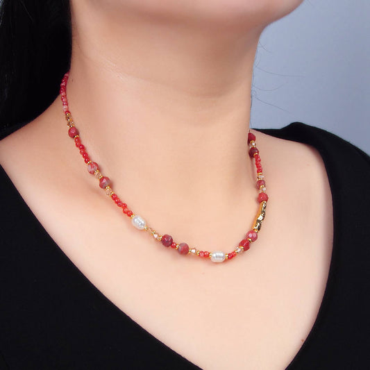Red Carnelian Beaded Necklace | 14K Gold Plated - Spiral Circle