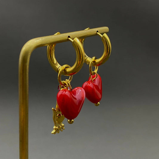 Red Heart Huggie Earrings - Spiral Circle