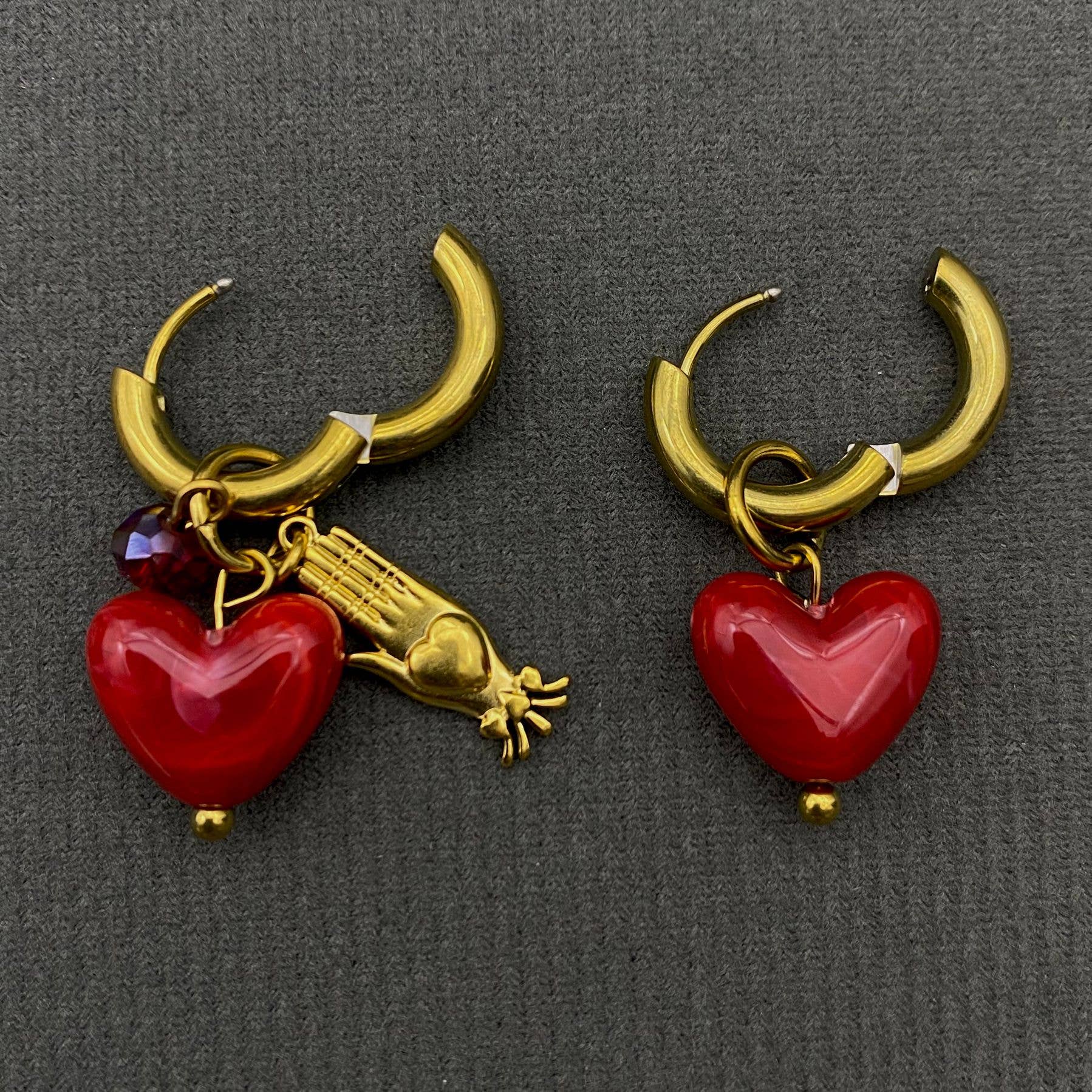 Red Heart Huggie Earrings - Spiral Circle