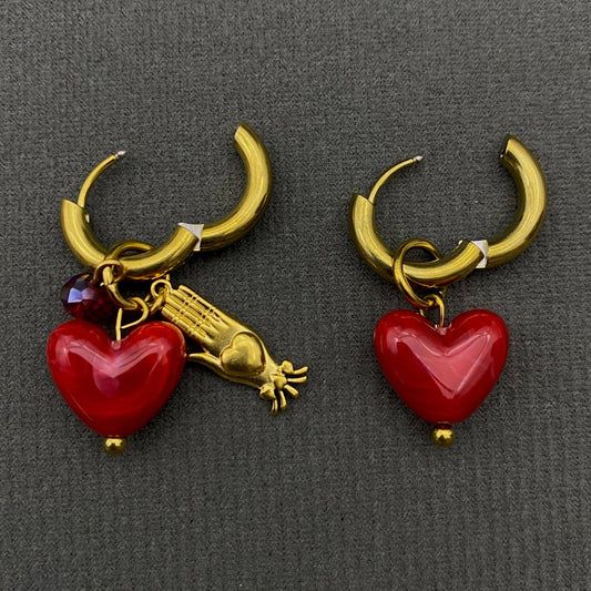 Red Heart Huggie Earrings - Spiral Circle
