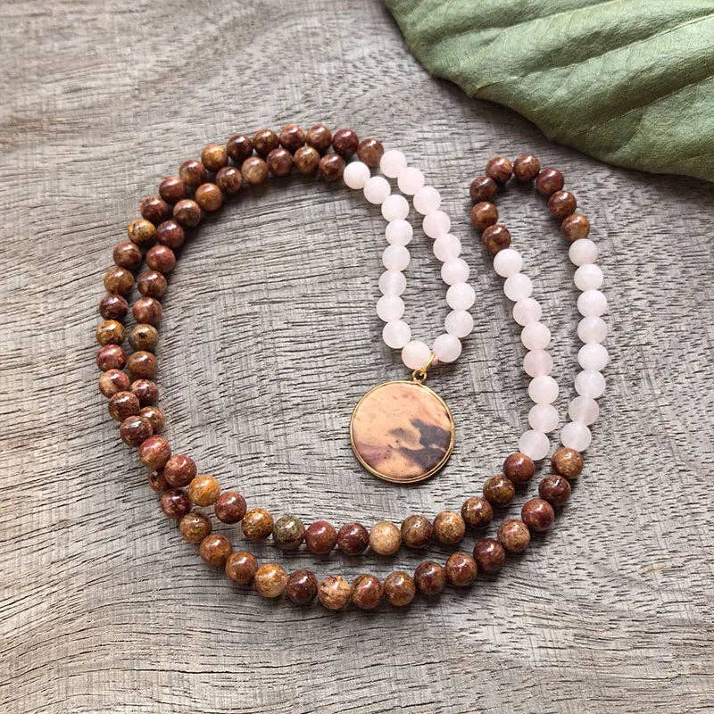 Red Jasper & Matte Rose Quartz 108 Bead Mala - Spiral Circle