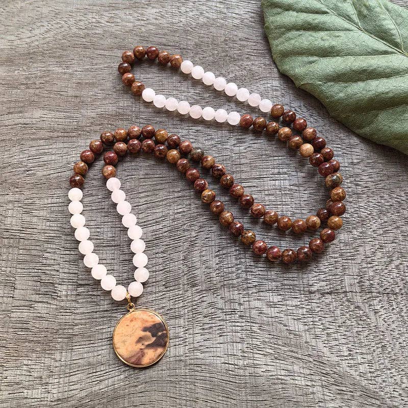Red Jasper & Matte Rose Quartz 108 Bead Mala - Spiral Circle