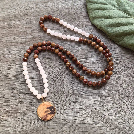 Red Jasper & Matte Rose Quartz 108 Bead Mala - Spiral Circle