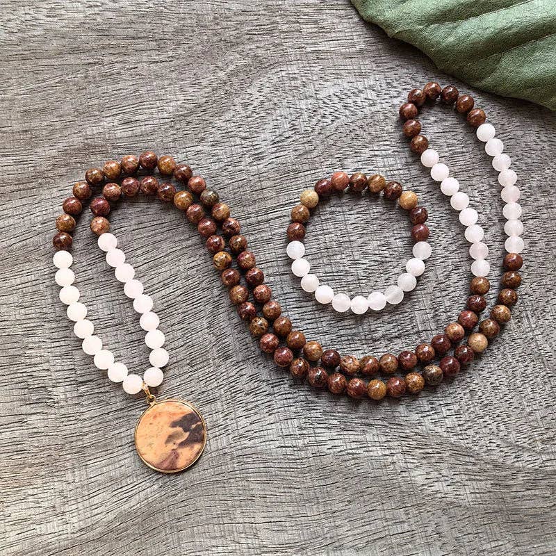 Red Jasper & Matte Rose Quartz 108 Bead Mala - Spiral Circle