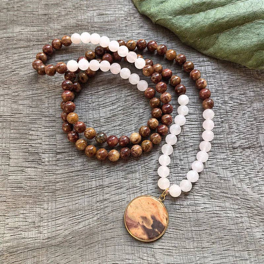 Red Jasper & Matte Rose Quartz 108 Bead Mala - Spiral Circle