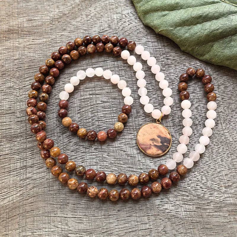 Red Jasper & Matte Rose Quartz 108 Bead Mala - Spiral Circle