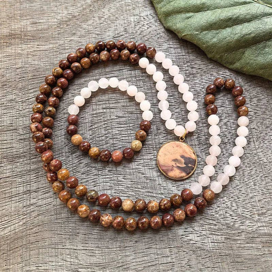 Red Jasper & Matte Rose Quartz 108 Bead Mala - Spiral Circle