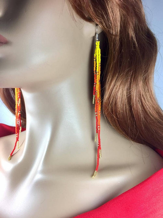 Red Orange Yellow Beaded Earrings - Spiral Circle