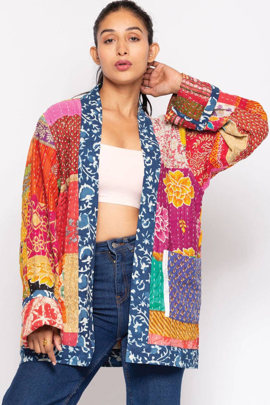 Reversible Kantha Quilted Sari Jacket - Spiral Circle