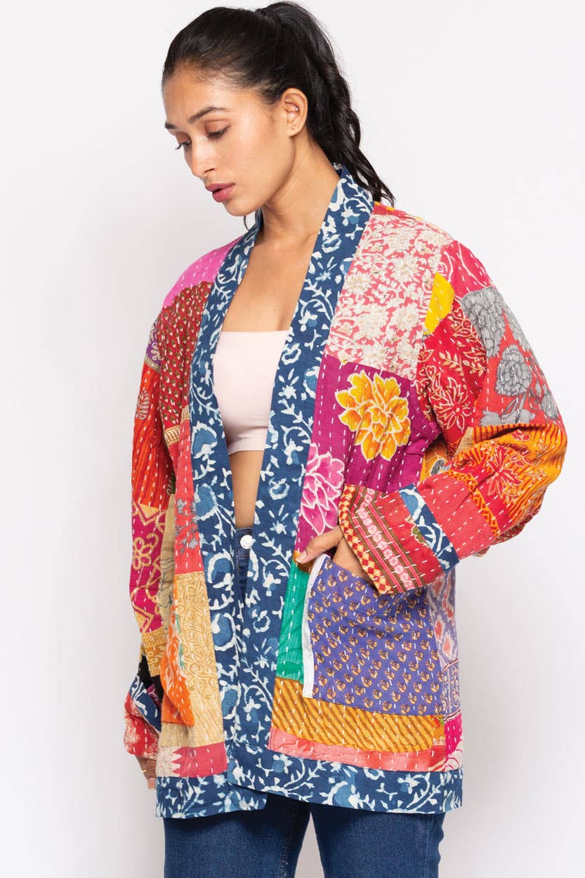 Reversible Kantha Quilted Sari Jacket - Spiral Circle