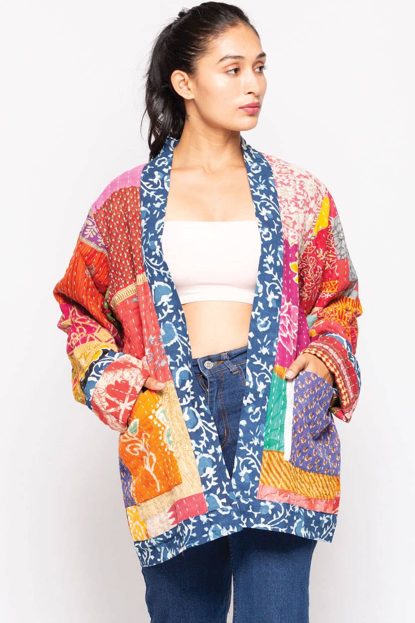 Reversible Kantha Quilted Sari Jacket - Spiral Circle