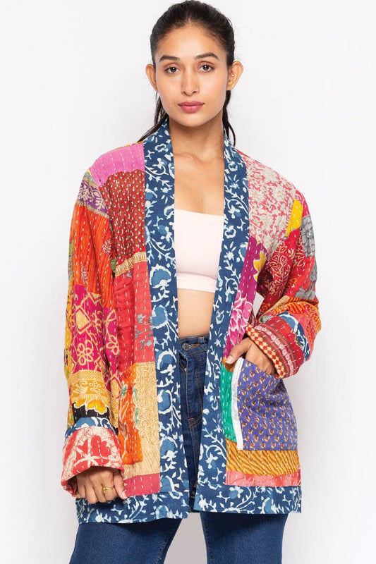 Reversible Kantha Quilted Sari Jacket - Spiral Circle
