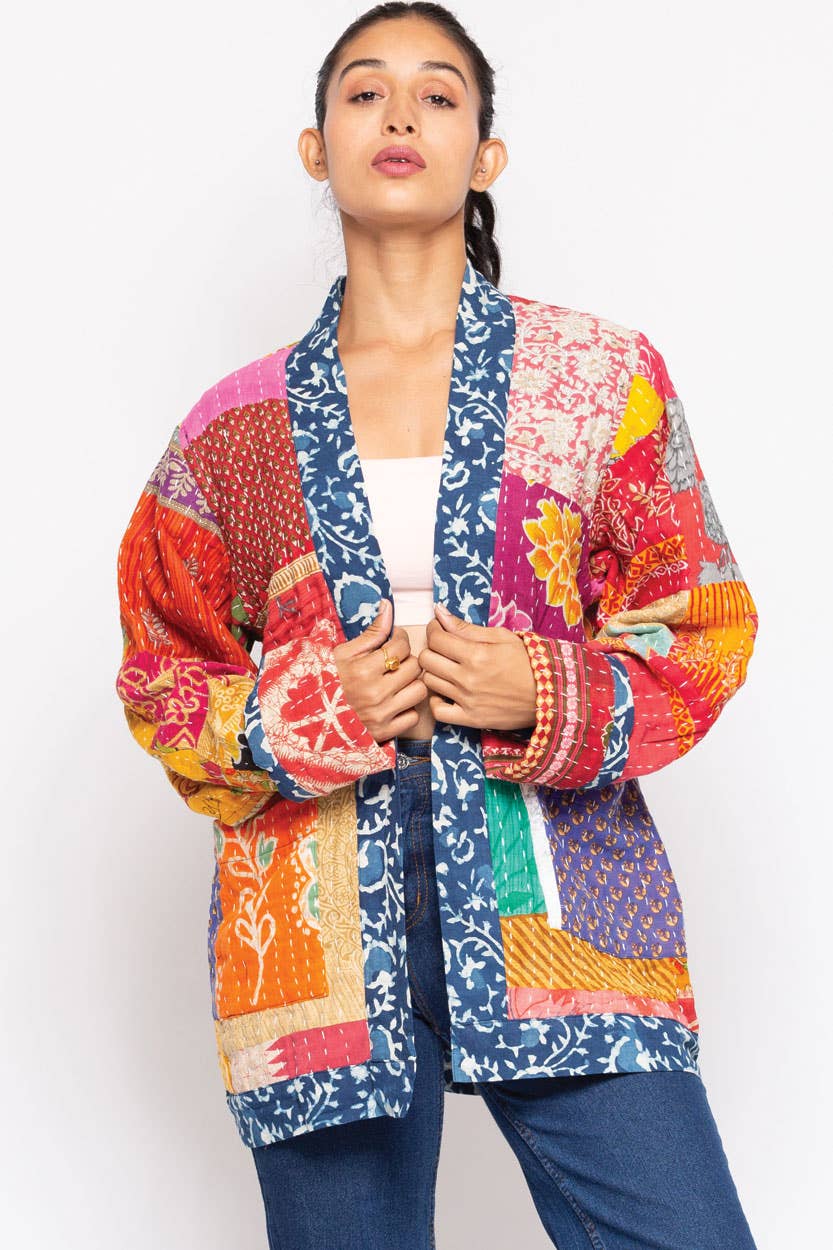 Reversible Kantha Quilted Sari Jacket - Spiral Circle