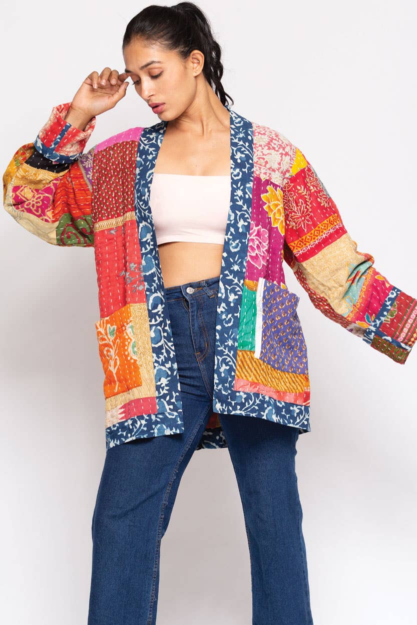 Reversible Kantha Quilted Sari Jacket - Spiral Circle