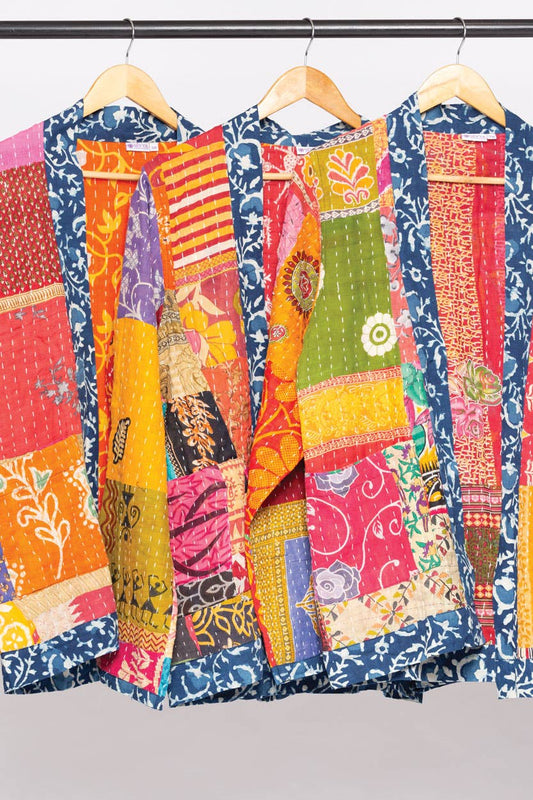 Reversible Kantha Quilted Sari Jacket - Spiral Circle