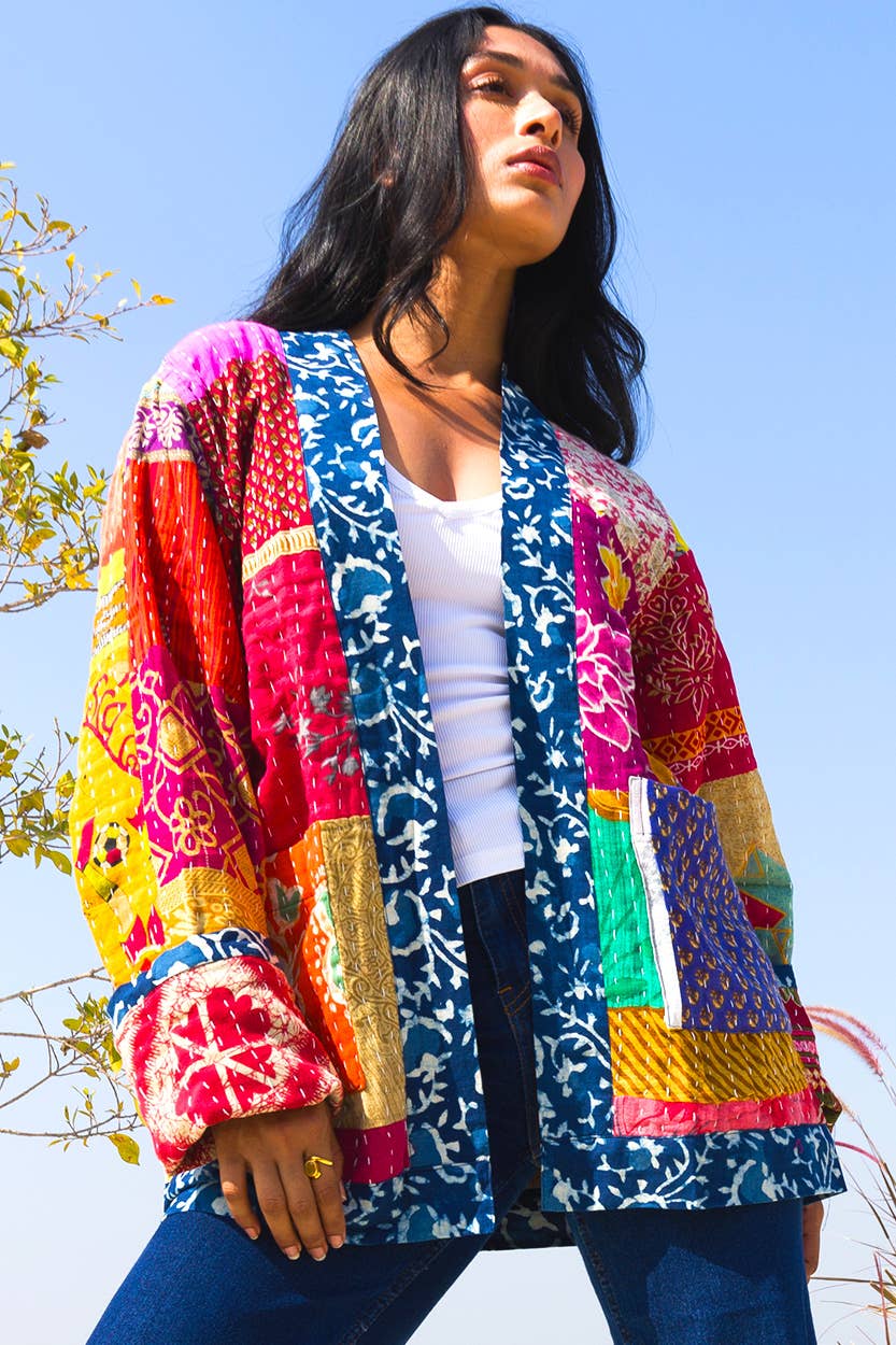 Reversible Kantha Quilted Sari Jacket - Spiral Circle