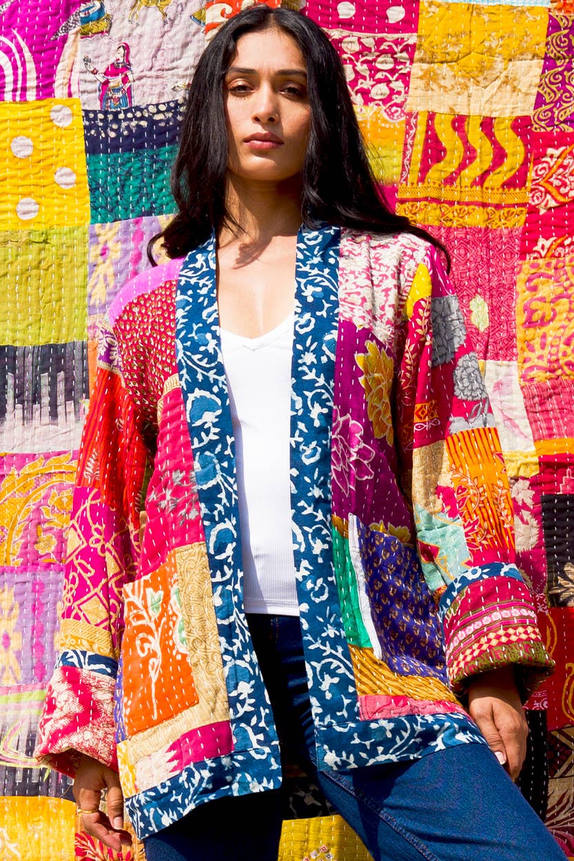Reversible Kantha Quilted Sari Jacket - Spiral Circle
