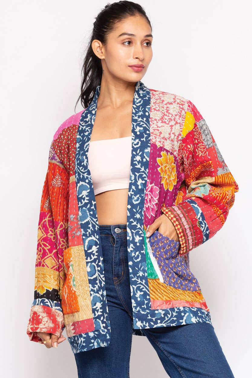 Reversible Kantha Quilted Sari Jacket - Spiral Circle