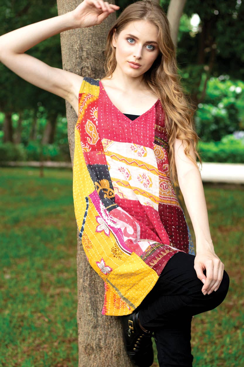 Reversible Kantha V - Neck Dress - Spiral Circle