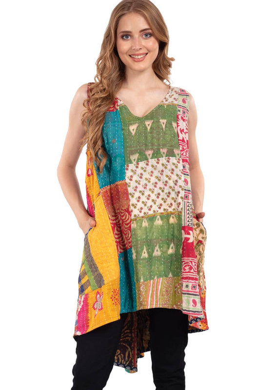 Reversible Kantha V - Neck Dress - Spiral Circle