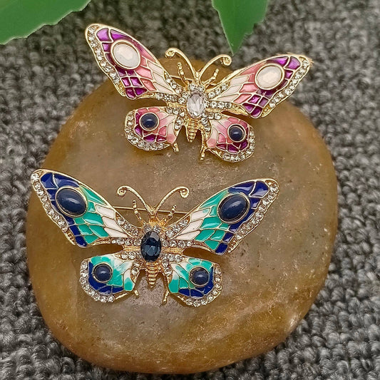 Rhinestone Colored Enamel Butterfly Brooch - Spiral Circle