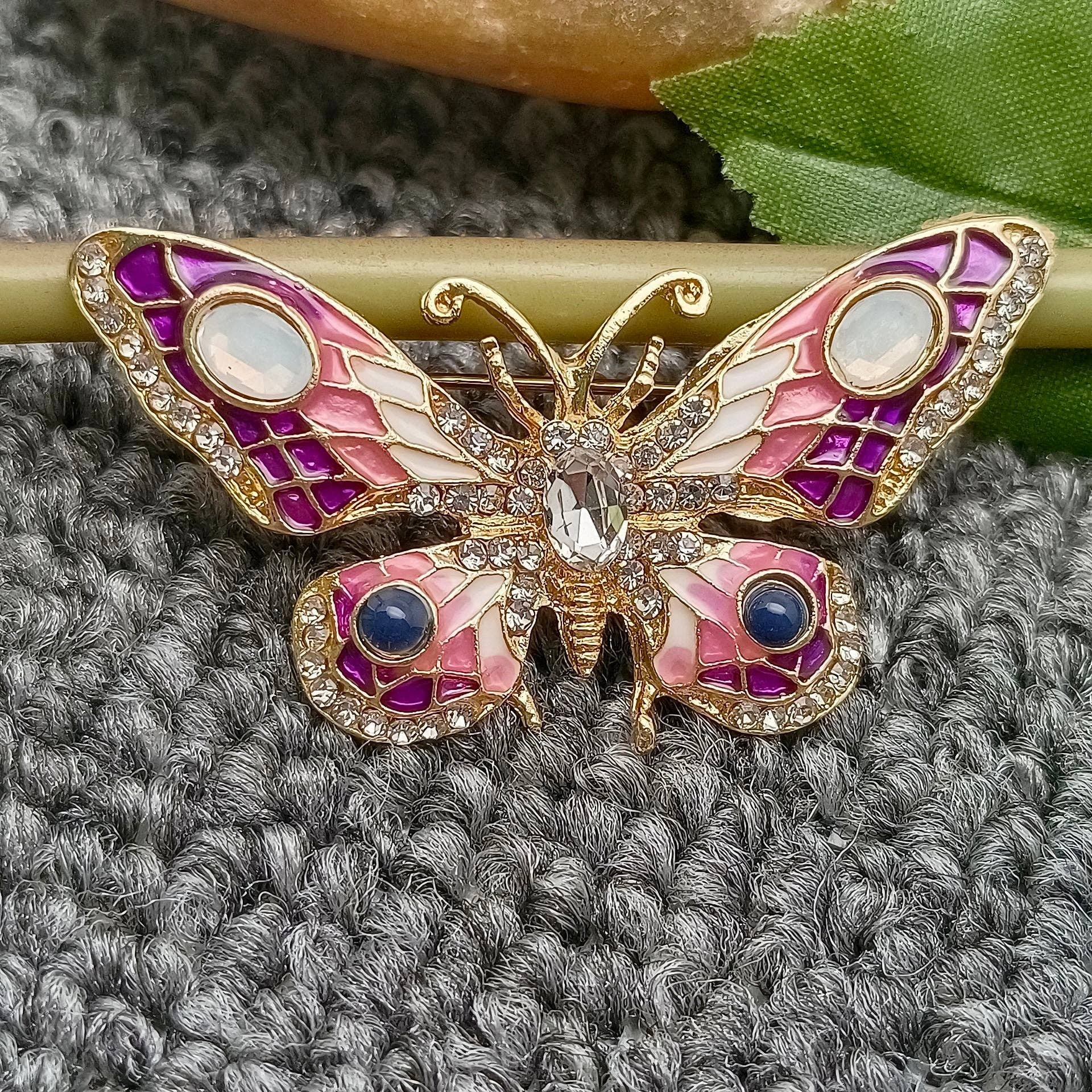 Rhinestone Colored Enamel Butterfly Brooch - Spiral Circle