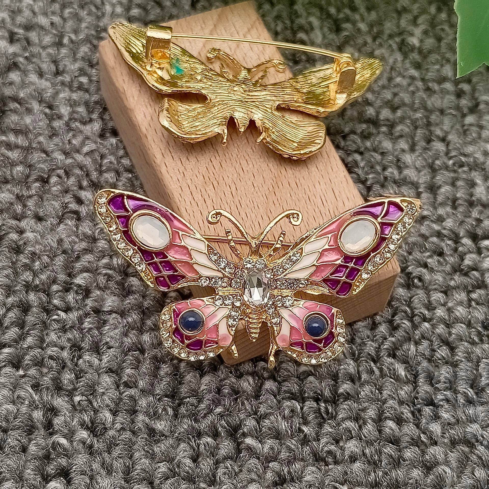 Rhinestone Colored Enamel Butterfly Brooch - Spiral Circle