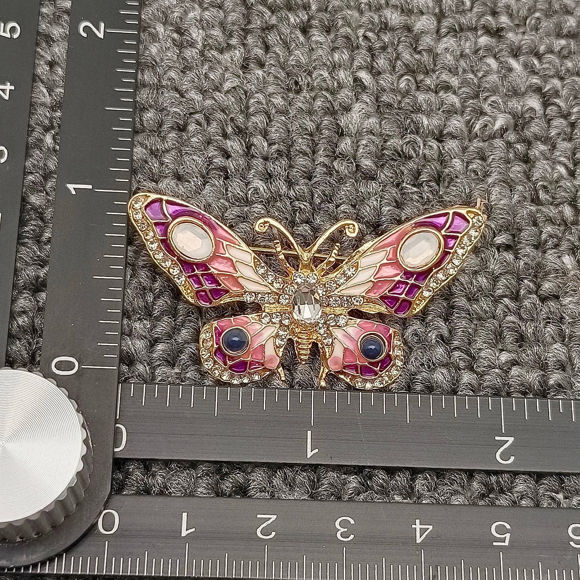 Rhinestone Colored Enamel Butterfly Brooch - Spiral Circle
