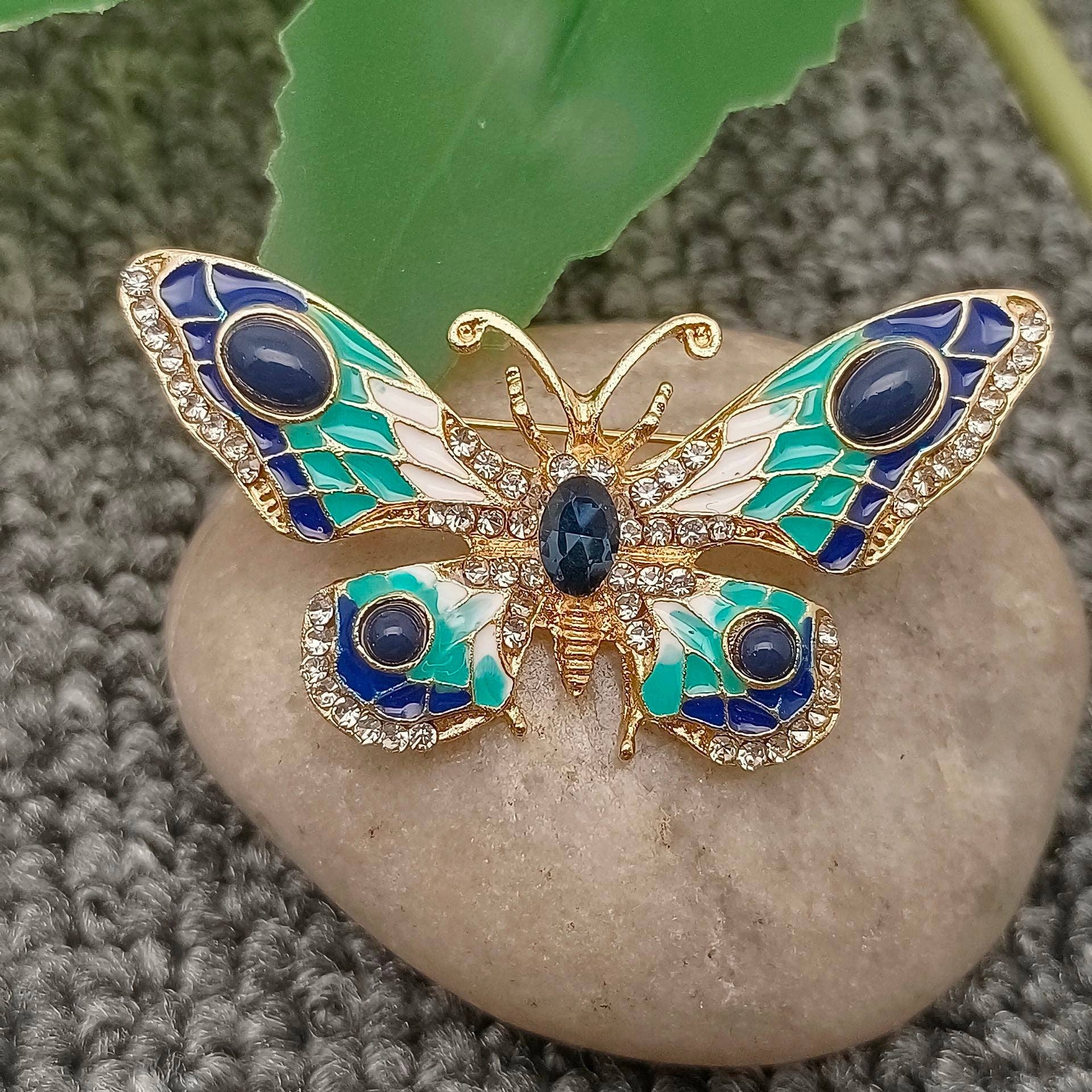 Rhinestone Colored Enamel Butterfly Brooch - Spiral Circle