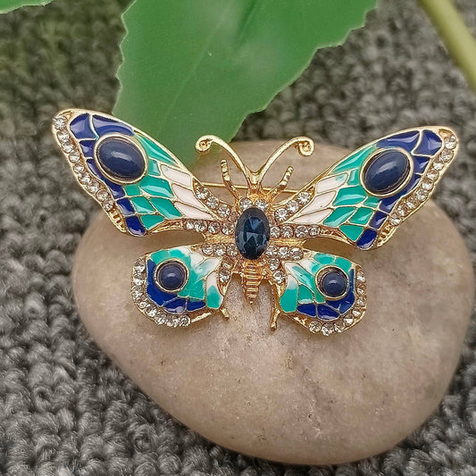 Rhinestone Colored Enamel Butterfly Brooch - Spiral Circle
