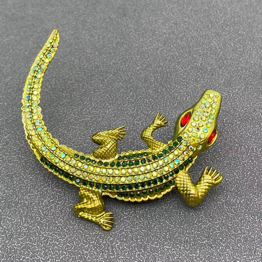 Rhinestone Crocodile Brooch - Spiral Circle