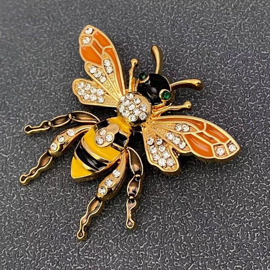 Rhinestone Enamel Bee Brooch - Spiral Circle