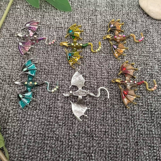 Rhinestone Enamel Dragon Brooch - Spiral Circle