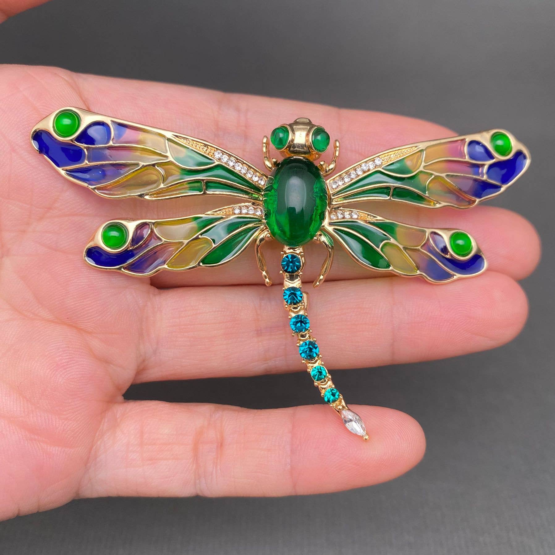 Rhinestone Enamel Dragonfly Brooch - Spiral Circle