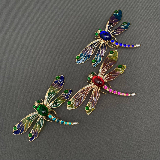 Rhinestone Enamel Dragonfly Brooch - Spiral Circle