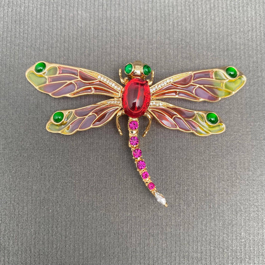 Rhinestone Enamel Dragonfly Brooch - Spiral Circle