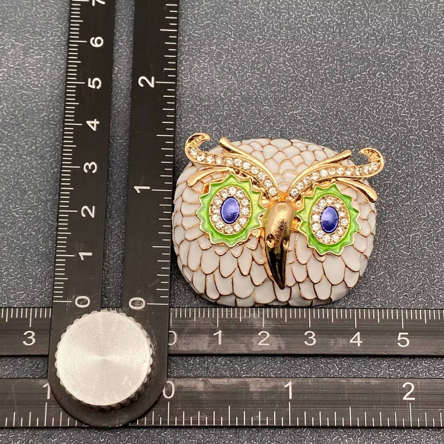 Rhinestone Enamel Owl Head Brooch - Spiral Circle