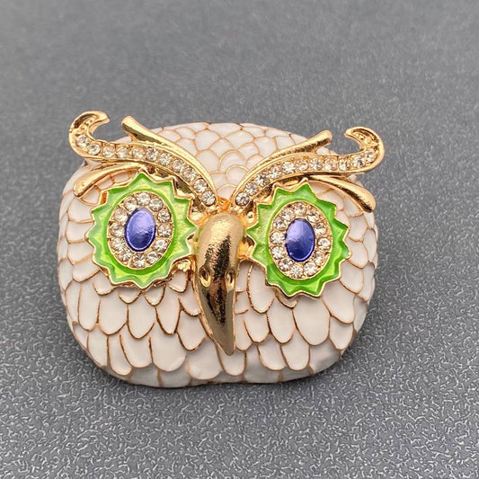 Rhinestone Enamel Owl Head Brooch - Spiral Circle