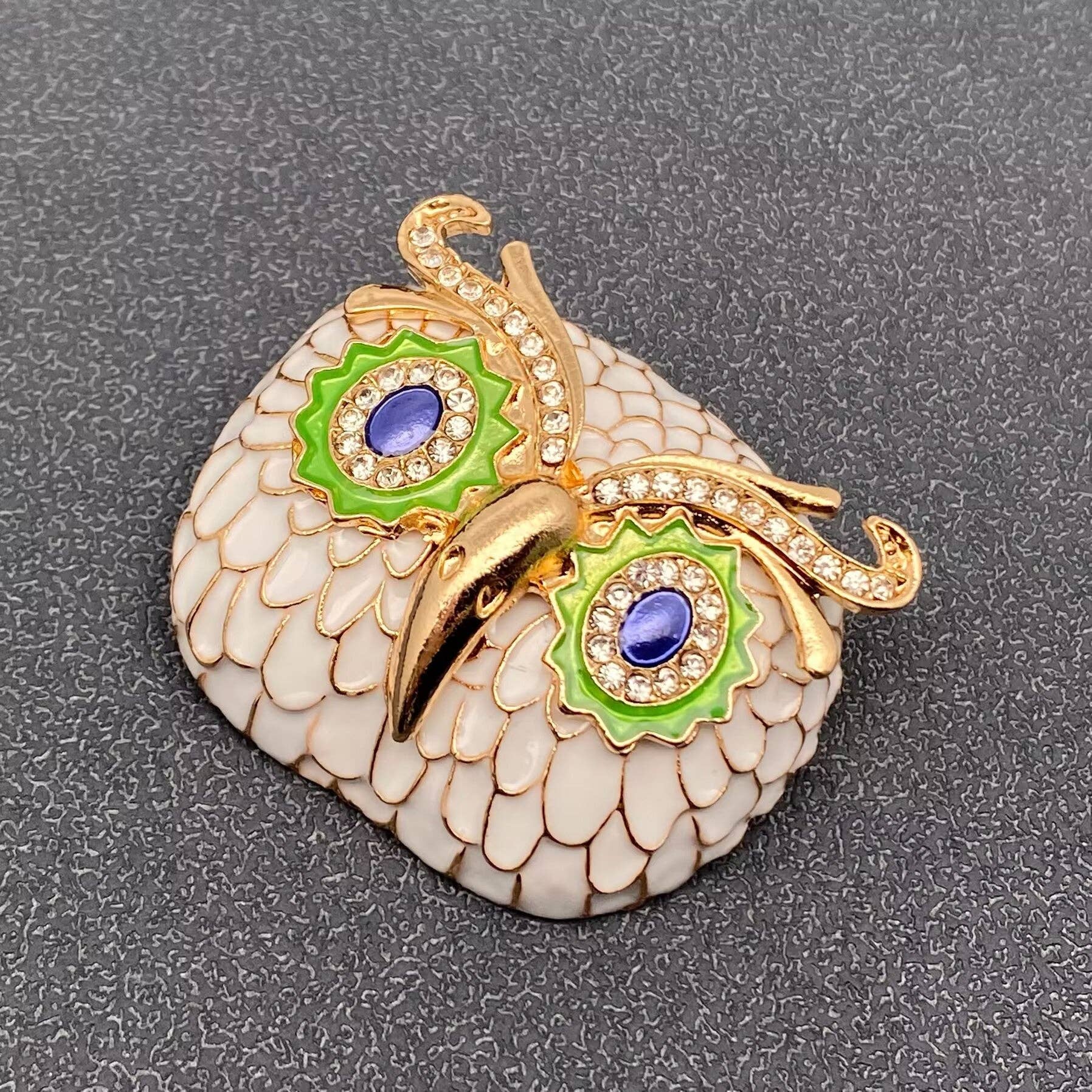 Rhinestone Enamel Owl Head Brooch - Spiral Circle