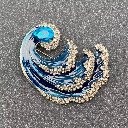 Rhinestone Enamel Wave Brooch - Spiral Circle
