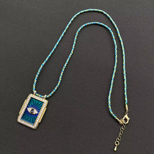 Rhinestone Evil Eyes Charm Braided Rope Necklace - Spiral Circle